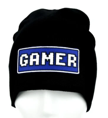 Gamer Pixel Azul y Blanco Negro Gorro Tejido Gorra Sombrero Videojuegos Nintendo Gaming Foto 1 de 4