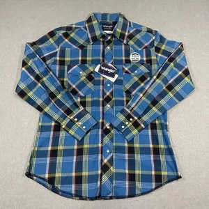 Wrangler Shirt Mens Medium Blue Western Tartan Plaid Pearl Snap Cowboy Button Up - Picture 1 of 11