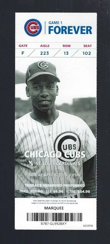 2015 MLB CARDINALS @ CHICAGO CUBS FULL UNUSED OPENING DAY TICKET - ERNIE BANKS Cover