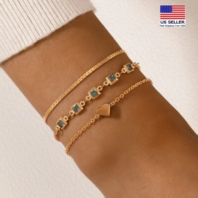 Fashion Women Jewelry Retro Bracelet Crystal Snakebone Heart Wrist Charm 1734 - Image 1 of 4