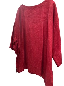 Eskandar Size 1 (10-12) Deep Red Oversize Bateau Neck Linen Tunic Top - Picture 1 of 4