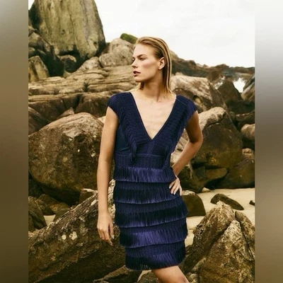 PatBO Dress Fringe Midi Crochet Tiered Sleeveless Beach Wedding Indigo 8 NWT — 第 1/4 张图片