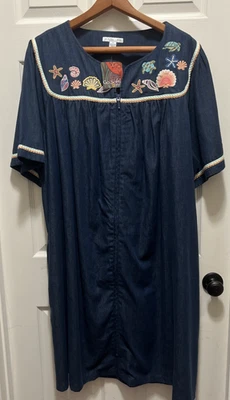 NWT Go Softly Patio Dress Zip Denim Mumu 3X Blue Embroidered Sea Ocean Beach - Image 1 of 4