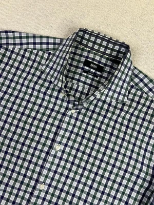 Camisa Hugo Boss masculina 17 43 verde xadrez azul xadrez slim fit vestido manga longa - Imagem 1 de 4