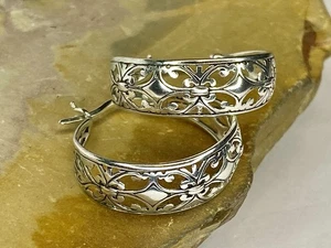 Vintage Sterling Silber 925 Blumen Design Filigran Creolen - Bild 1 von 13