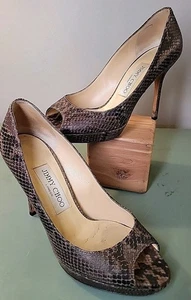Jimmy Choo Snakeskin Print Peep Toe Heels Pumps Size 36 US 5.5 Brown Black - Picture 1 of 16