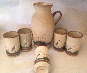 VTG Tonala Mexico Stoneware Pottery Hand Made Painted Folk Art Pitcher + 5 Cups - Picture 1 of 12
