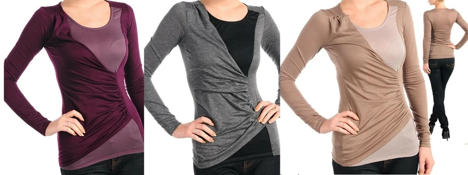 Blusa Top Jersey Manga Larga Lateral Acanalado Estilo Envolvente 2 Tonos Foto 1 de 1