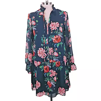 Cynthia Steffe Mini Dress Womens 6 Navy Blue Long Sleeve Floral Drop Waist Flowy - Image 1 of 4