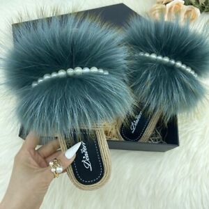 100% Natural Fox Fur Slippers Faux Pearl Chain Fluffy Slides Flip Flops Sandals