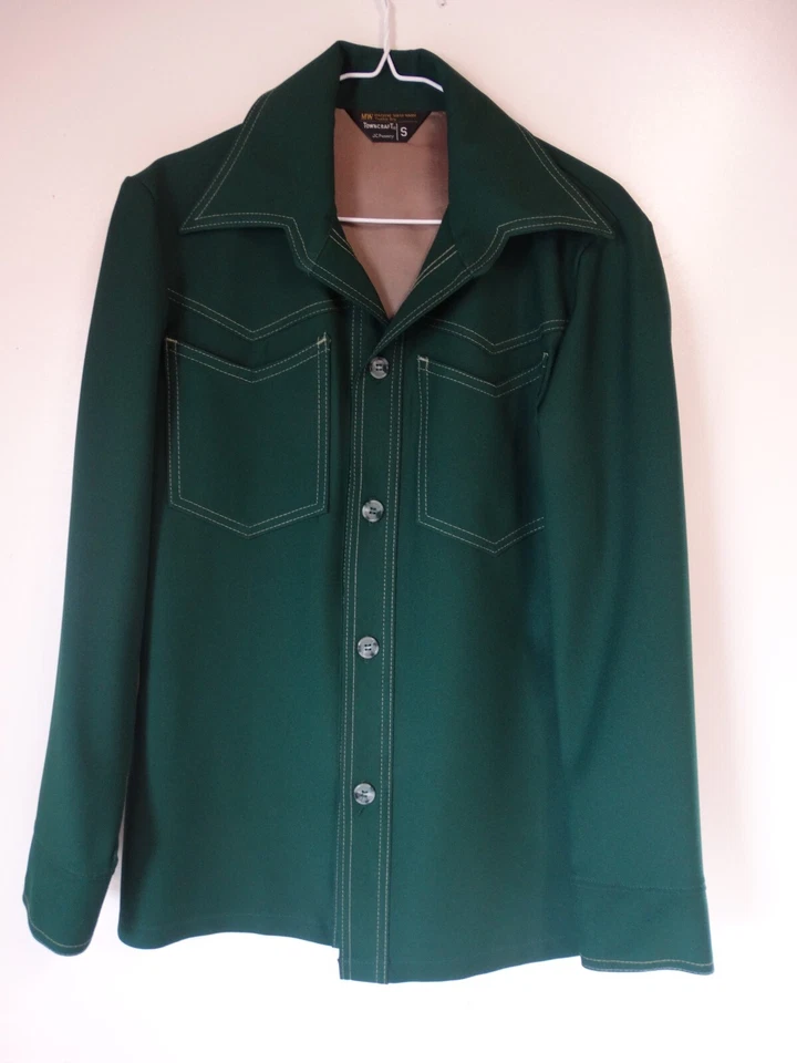 Винтажный 1970-х Towncraft рубашка пенни платье диско зеленый маленький мужской - Изображение 1 из 4