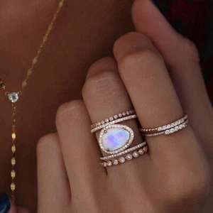 Antique 14K Rose Gold/Silver Irregular Natural Moonstone Ring Size 5-10 Wedding - Picture 1 of 9