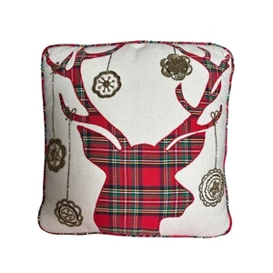 Soft Surroundings Christmas Pillow Reindeer Red Cream Plaid Beaded Sequined - Picture 1 of 14