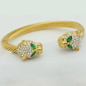 Men's 7"Stainless Steel.Double,Panther CZ Cuff Cable.Gold plated Bracelet*Box - Picture 1 of 3