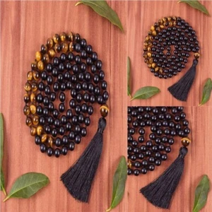 8mm Black Onyx Tiger Eye Gemstone 108 Beads Mala Necklace Gift Men's mala Yoga - Picture 1 of 3