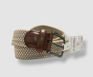 Perry Ellis Men's Beige Webbed Braided Leather Trim Stretch Belt Size L 38/40 - Picture 1 of 1