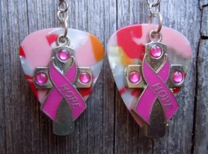 Pink Ribbon Hope Charm Guitar Pick Earrings with Surgical Steel Earwires - Picture 1 of 10
