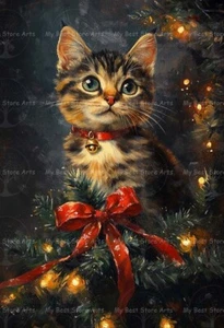 CHRISTMAS TREE KITTEN ART PRINT, Library Holiday Painting, Cat Decor Poster E510 - Picture 1 of 2