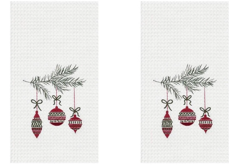C & F QUILTED PRODUCTS Christmas Ornament Embroidered Waffle Weave Kitchen Dish Towel Set of 2
