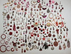 Over 240 Single Earrings Pink Red Cream Jewelry Lot Repurpose Scrap Vtg - Now - Picture 1 of 18
