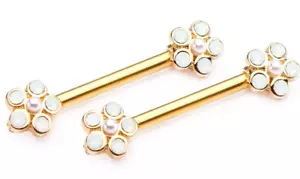 Brustwarze-PAAR-Daisy Blumen Opalit 6 mm 14 Stärke 9/16" Gold IP Hanteln - Bild 1 von 3