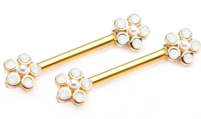 乳头-PAIR-雏菊花卉蛋白石 6 毫米 14 规格 9/16 英寸金色 IP 杠铃  — 第 1/3 张图片