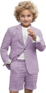 Boy Linen Suit Set 2 Pieces Blazer Short Pants Summer Outfit Wedding Ring Bearer - Picture 1 of 40