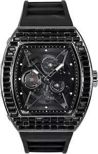 Techno Pave Men's 40mm Iced Out Black Tonneau Baguette Silicone Band Watch - Picture 1 of 2