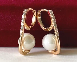 Luxus Perlen Ohrringe Creolen Zirkonia Rolled Gold 18K vergoldet 25mm Geschenk - Bild 1 von 9