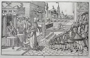 GRABADO EN MADERA CONDE BABO VON ABENSBERG EMPERADOR ENRIQUE II. DESFILE SIGLO XVI - Imagen 1 de 1