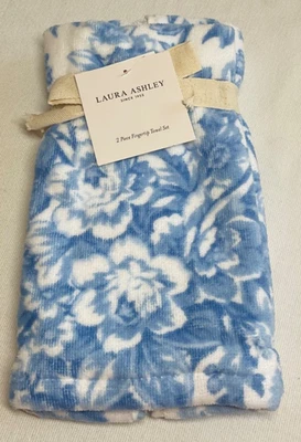 LAURA ASHLEY FINGERTIP TOWELS (2) DELFT BLUE FLORAL 12 X 18 100% COTTON NWT - Image 1 of 2