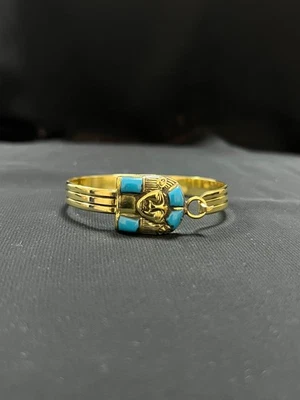 Gold Egyptian Bracelet King Tutankhamun Mask Turquoise Enamel Pharaoh Cuff - Image 1 of 4