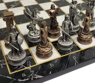 Greek Mythology Olympus Gods Chess Set Pewter Bronze Color 17" Faux Marble Board - Image 1 of 4