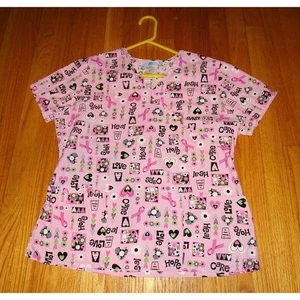 Vintage Pink Cancer Awareness Scrub Top M nurse cancer ribbon - Picture 1 of 9