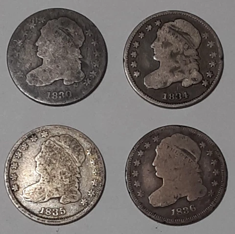 Lot of 4 Capped Bust Dimes - 1830, 1834-1836 Good & Better, See Photos Cover