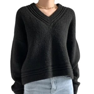 Women V Neck Knitted Sweater Loose Fit Long Sleeve Pullover Casual Tops - Picture 1 of 5