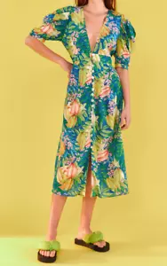 NUEVO CON ETIQUETAS VESTIDO MIDI ANTROPOLOGIE FARM RIO Talla ESTRELLAS FRUTAS PUFF MANGA PUFF - Imagen 1 de 8