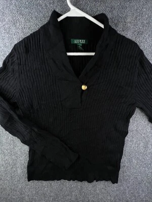 Suéter para mujer Lauren Ralph Lauren negro grande de algodón pulóver botón dorado Foto 1 de 4