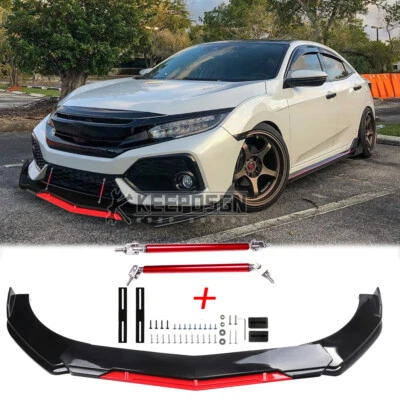 For Honda Civic Si LX EX Type R Accessories Front Bumper Lip Splitter Strut Rods - Image 1 of 4