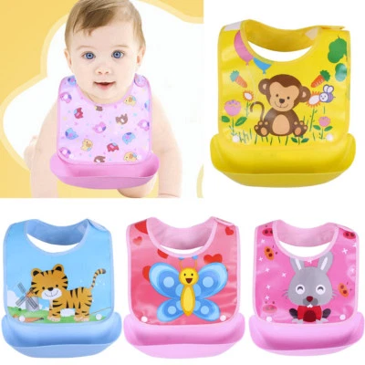  Waterproof Baby Bibs Silicone + Plastic Bib Apron Cartoon Feeding Food Catcher - image 1 of 4