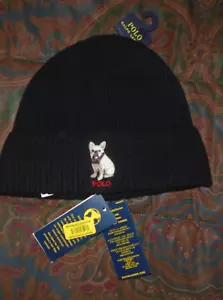 MEZCLA DE LANA RALPH LAUREN POLO PERRO BULLDOG SOMBRERO DE INVIERNO Frenchie BEANIE Negro Nuevo con Etiquetas - Imagen 1 de 12