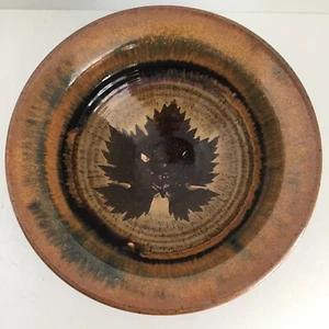 Art Pottery Hand Made Bowl Maple Leaf Ribbed Brown Signed Round Glossy 9.25" - Picture 1 of 12