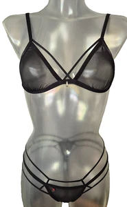 Obsessive Dessous Set Bralette BH & String Tanga S/M mit Bändchen Netz Schwarz - Bild 1 von 4