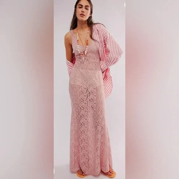 Intimately By Free People Feeling For Lace Maxi Slip Rose Pink/Orange XS NWOT - Image 1 of 4