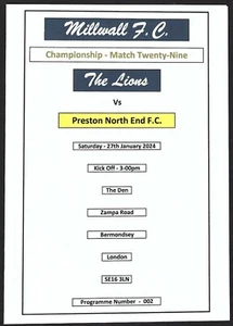 MILLWALL v PRESTON NORTH END 27.01.24 CHAMPIONSHIP MATCH PROGRAMME - Picture 1 of 3