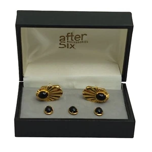 After Six Cufflinks and Tuxedo Studs Gold Tone Ovals Black Glass Cabochon Formal - Picture 1 of 9