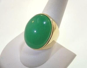 20MM HEAVY 14K YELLOW GOLD 18X23X7MM GREEN QUARTZ DOMED OVAL CAB CIGAR BAND RING - Picture 1 of 8