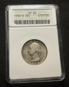 1932-D Washington Quarter , VF20,  KEY DATE, Old ANACS Holder - Picture 1 of 6