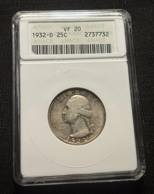 1932-D Washington Quarter , VF20,  KEY DATE, Old ANACS Holder - Image 1 of 4