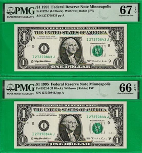 1995 $1 Federal Reserve note Serial # I 27370843 TO 44 J 2 CONSECUTIVE PMG - Picture 1 of 2
